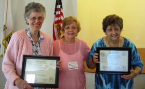 Life membership awarded by current CCP Chairman Bonnie B. to Member Dot B. on the left and President Peggy C. on the right