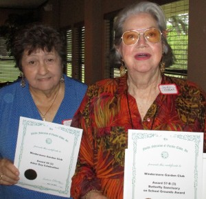 Left Peggy C. with Arbor Day Celebration Award & on right Corresponding Sec. Jackie R. with Butterfly Sanctuary on School Grounds Award.